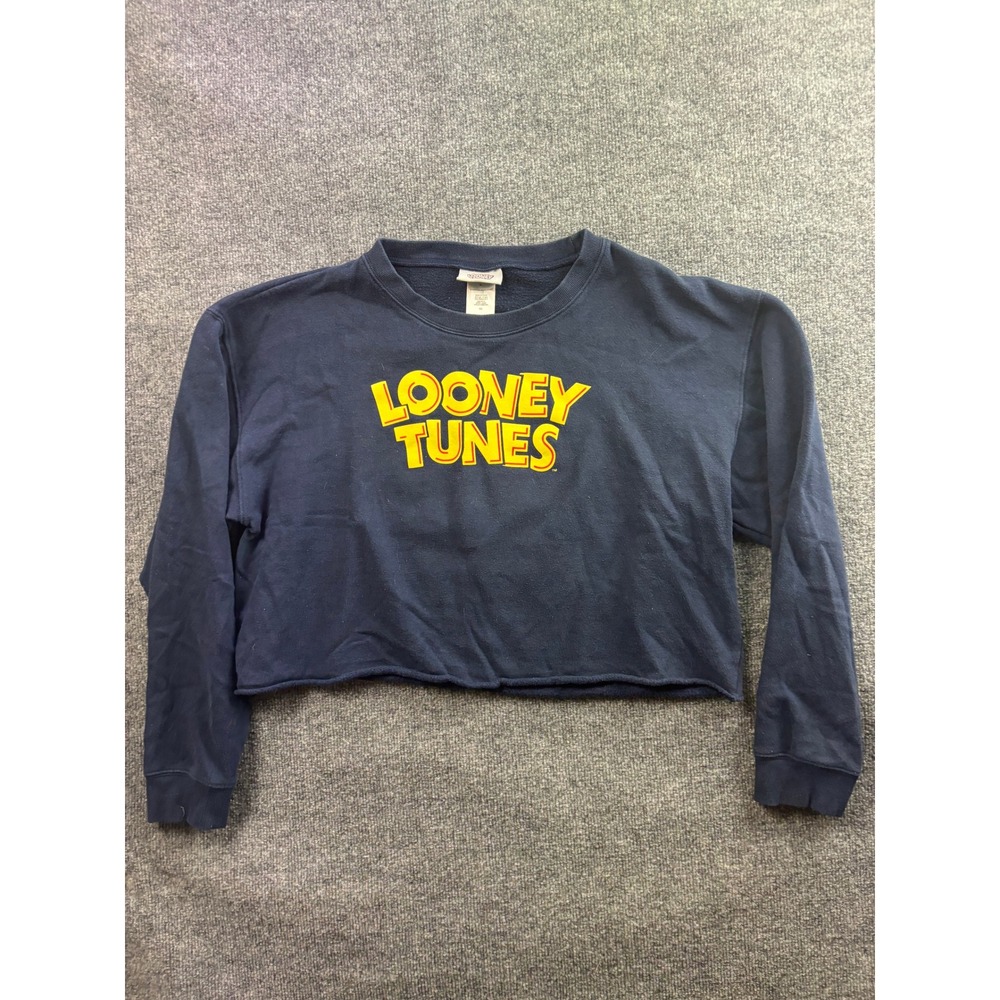 Looney Tunes Cropped Sweatshirt Women XG Navy Blue Graphic Raw Hem JT21845